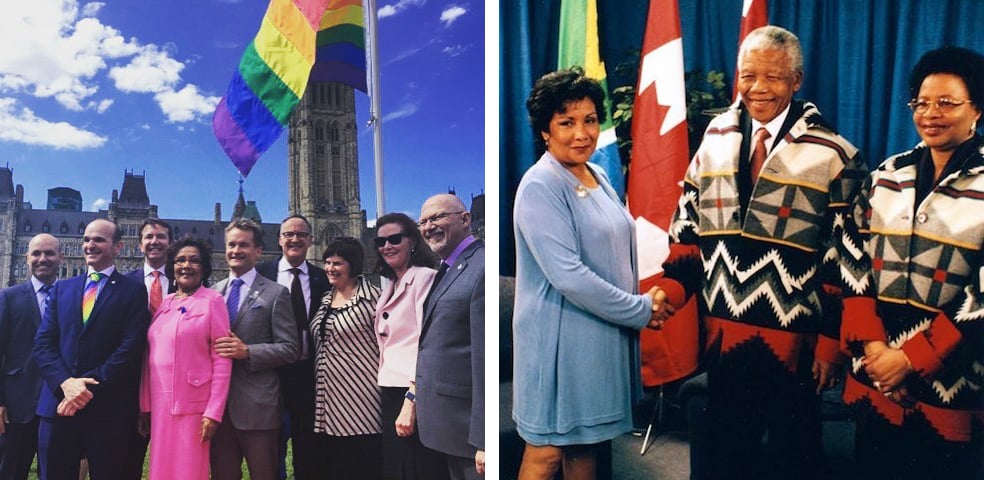 Two photos: (on left) Hedy Fry raises the rainbow pride flag and (right) she shakes hands with Nelson Mandela.
