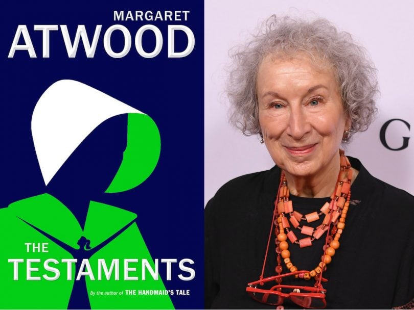 On left, cover image of The Testaments by Margaret Atwood shows a green outline of a cloak and white hood on a navy blue background and, on right, a photo of Margaret Atwood wearing a black shirt and orange beaded necklace.