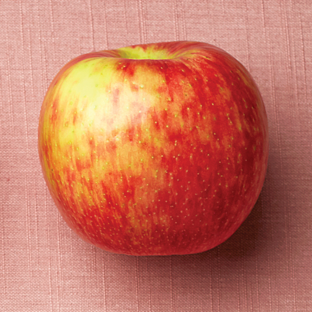 a red and yellow honeycrisp apple on a pink background