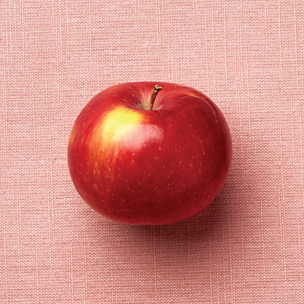 a round red spartan apple on a pink background