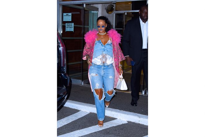 Rihanna wearing an all denim outfit