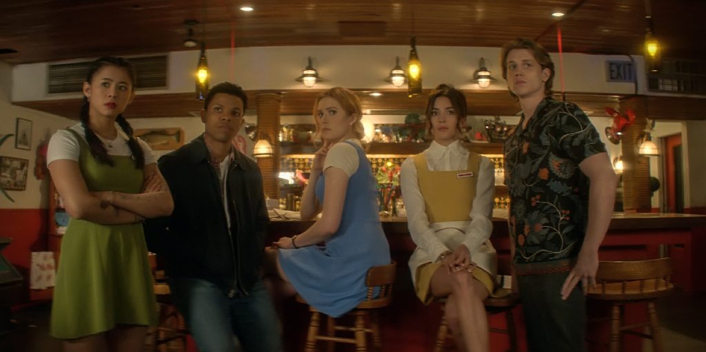 Left to right: Leah Lewis as George, Tunji Kasim as Nick, Kennedy McMann as Nancy, Maddison Jaizani as Bess and Alex Saxon as Ace in the new W Network series Nancy Drew
