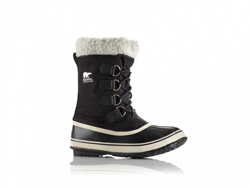 A photo of a black Sorel winter boot on a white background to illustrate an article on how much you should spend on winter boots