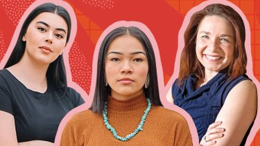 Image of Lauren Chan, Autumn Peltier, and Katharine Hayhoe against a pink background)