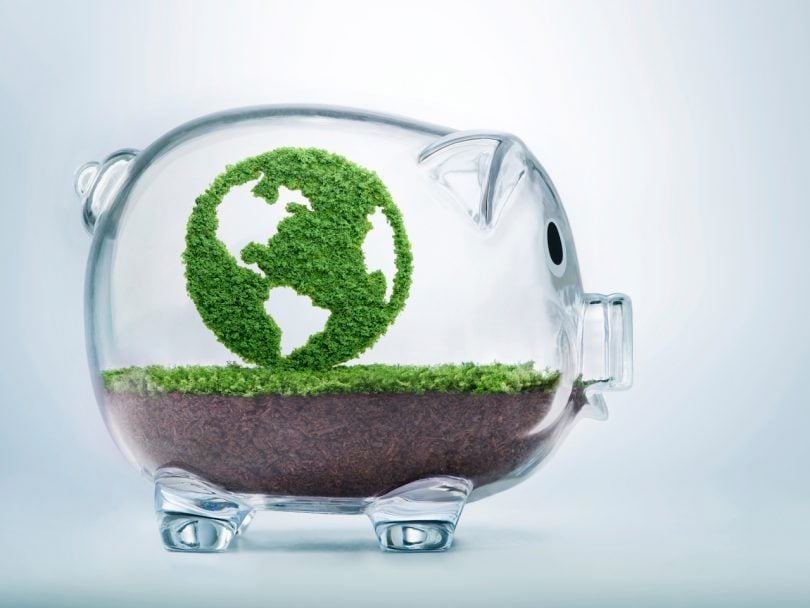 Grass growing in the shape of planet Earth, inside a transparent piggy bank, symbolizing the need to invest in the protection of the environment and to reconnect with nature. (Grass growing in the shape of planet Earth, inside a transparent piggy bank