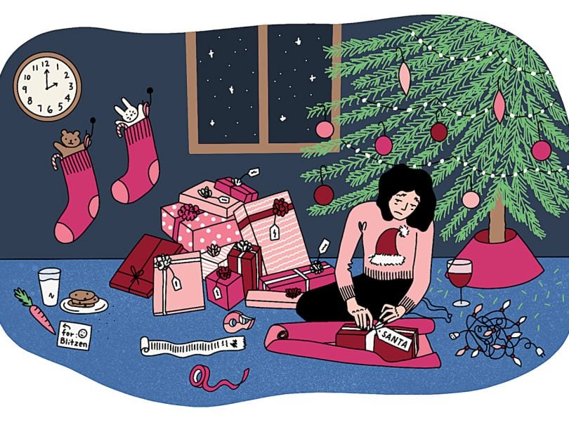 illustration of a tire-looking woman wrapping gifts by a Christmas tree late at night