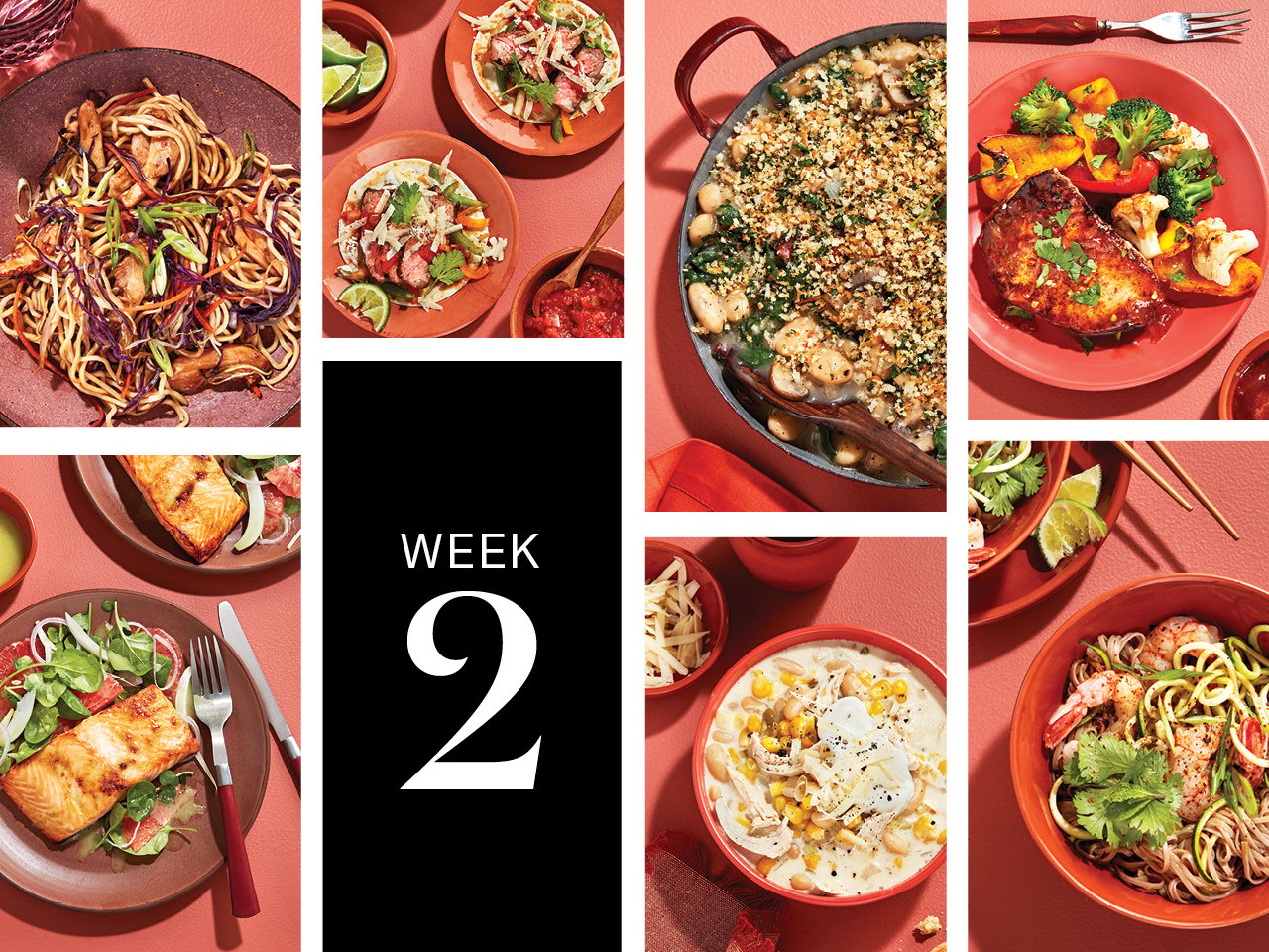 Seven different easy meals featured in tiled rectangles.