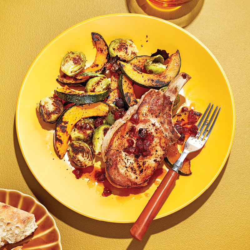 Cherry pork chops with roasted squash and brussels sprouts