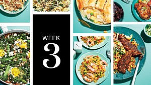 Seven dinner recipes in a grid.
