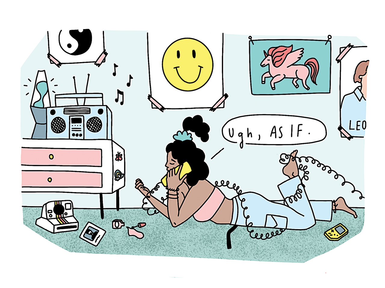An illustration of a woman talking on the phone in her teenage bedroom, by Leeandra Cianci