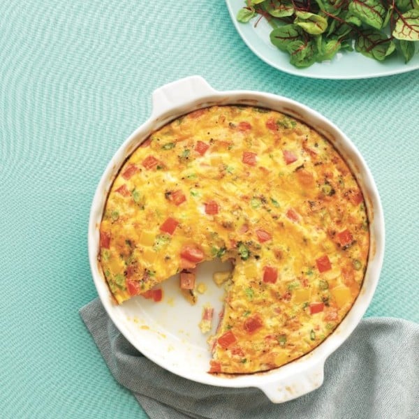 frittata in a white baking bowl