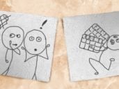 Two squares of toilet paper with a drawing of stick figure carrying toilet paper