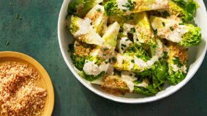 A bowl of vegan caesar salad for a recipe for how to make it