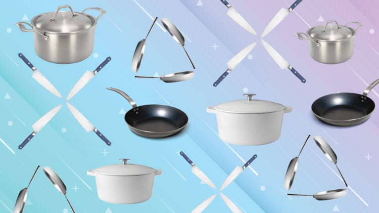 a collection of cookware on a pink background