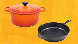 enameled cast iron dutch oven and cast iron skillet on yellow background