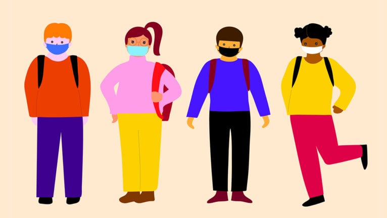 An illustration of schoolchildren wearing masks for a piece on how schools have reopened around the world