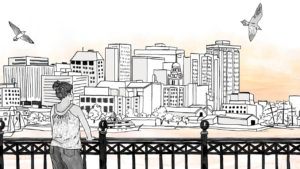 An illustration of a woman looking out at a cityscape