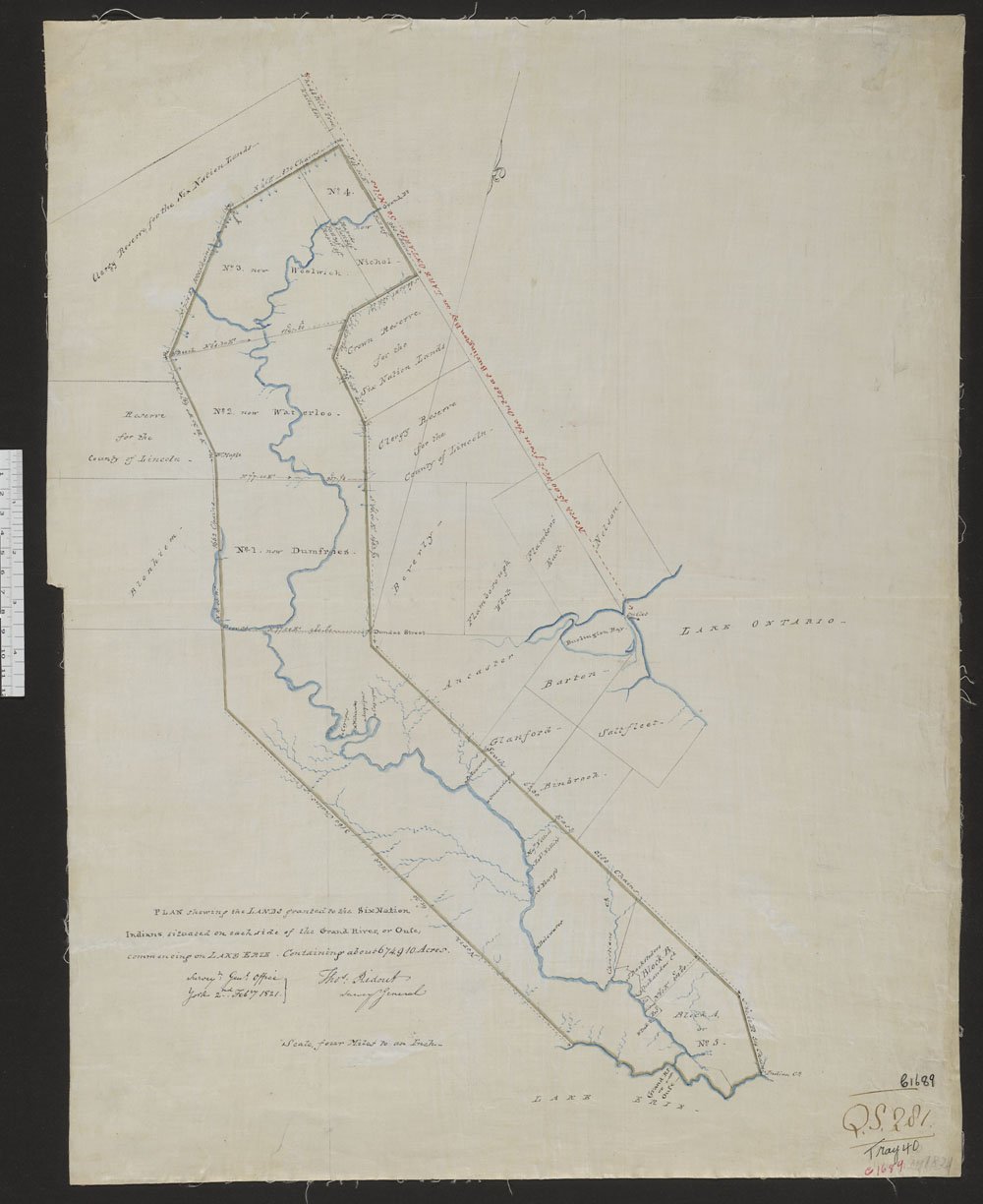 An 1821 map from the Surveyor General showing the size of the Haldimand Tract. 