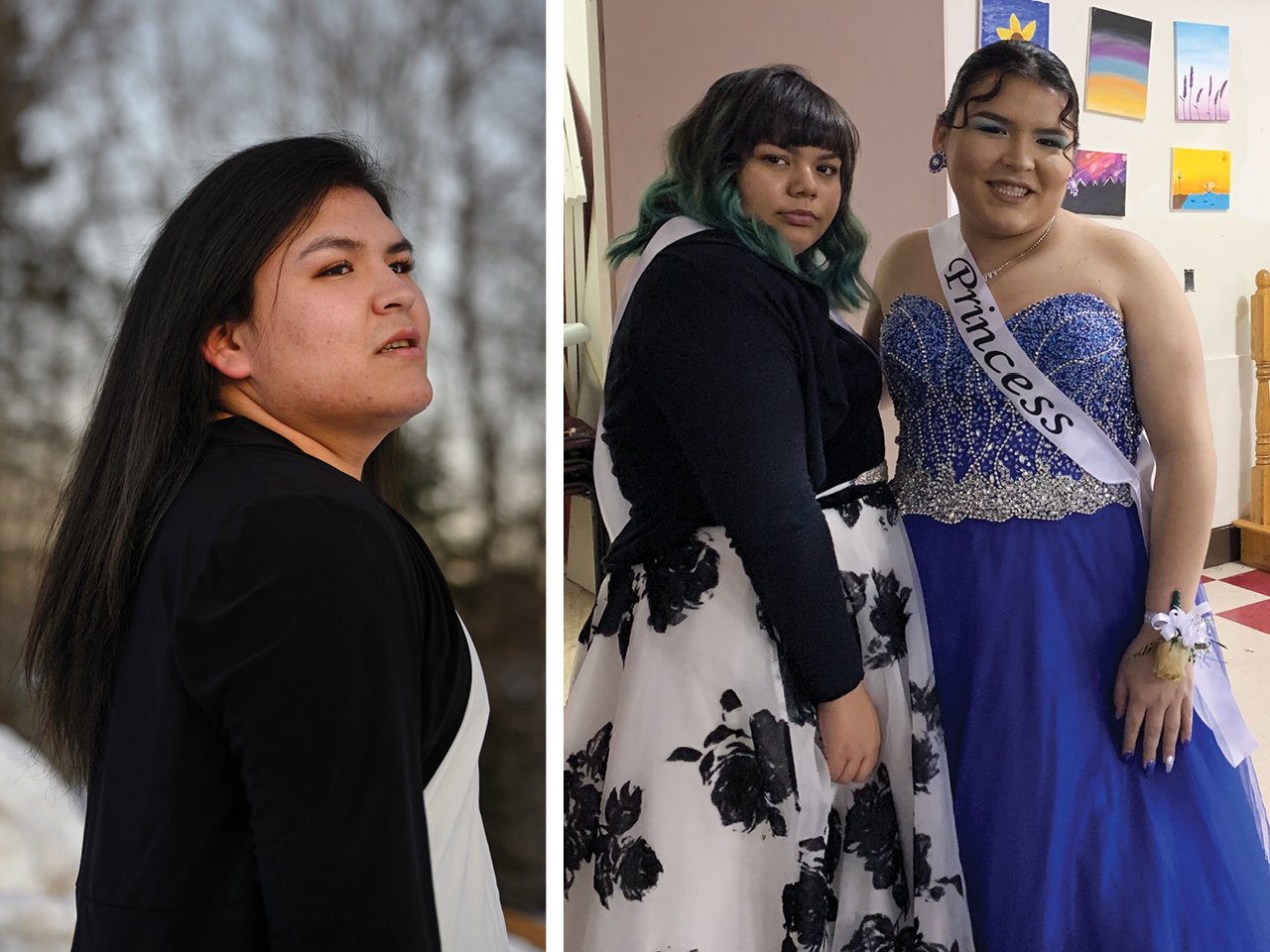 A photo of an Indigenous teen girl, a separate photo of two Indigenous teen girls in formal dresses.