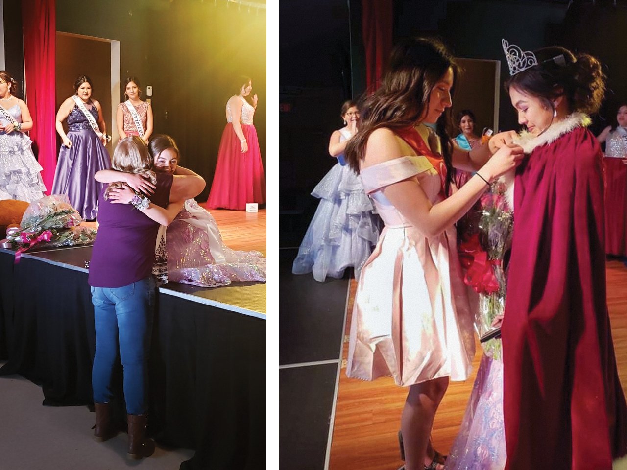 A photo of a teen Indigenous girl kneeling down on a stage to embrace her grandmother; an Indigenous teen girl pins a sash on another Indigenous teen girl.