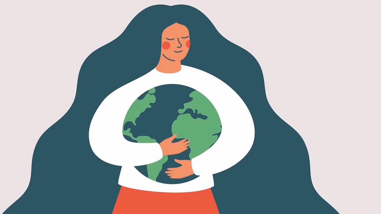 An illustration of a woman hugging the planet Earth for a piece on kickstarting your environmentalism during a pandemic