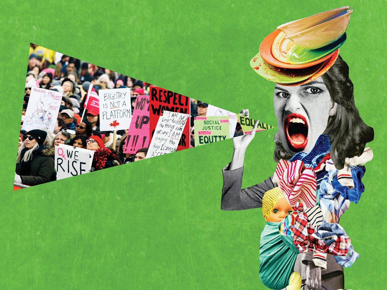 A photo collage of a woman yelling into a bullhorn. 