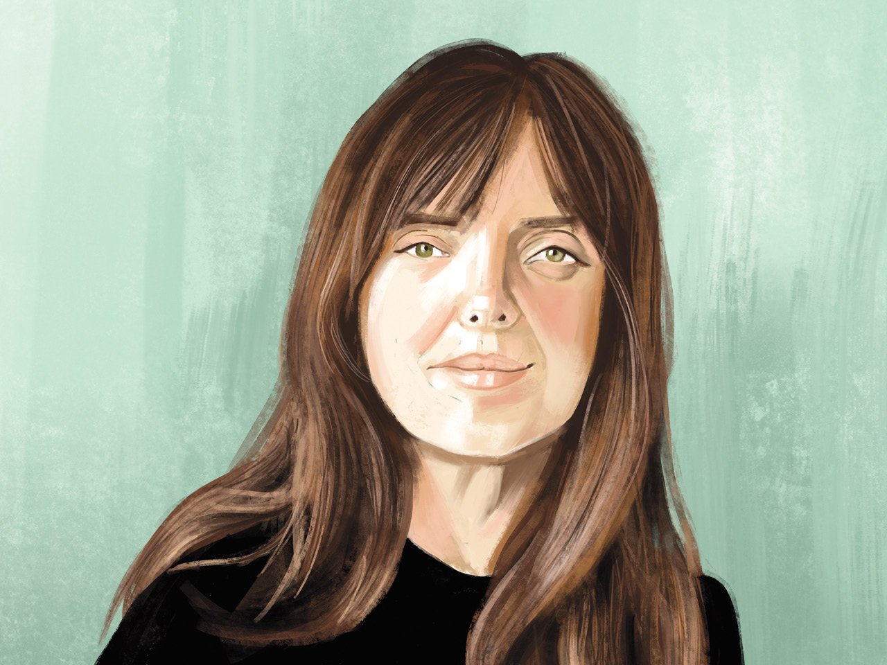 An illustration of documentarian Phylis Ellis on a turquoise background