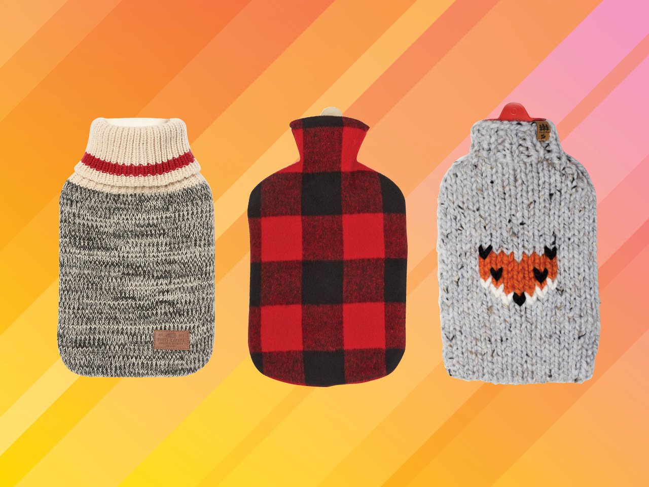 Three hot water bottle covers: One from Roots, like a cozy sock, one a plaid and one knit with a fox