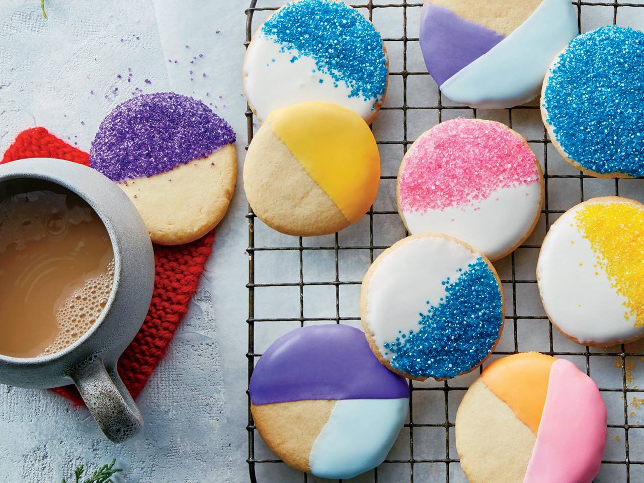 No-roll sugar cookies with royal icing on cooling rack