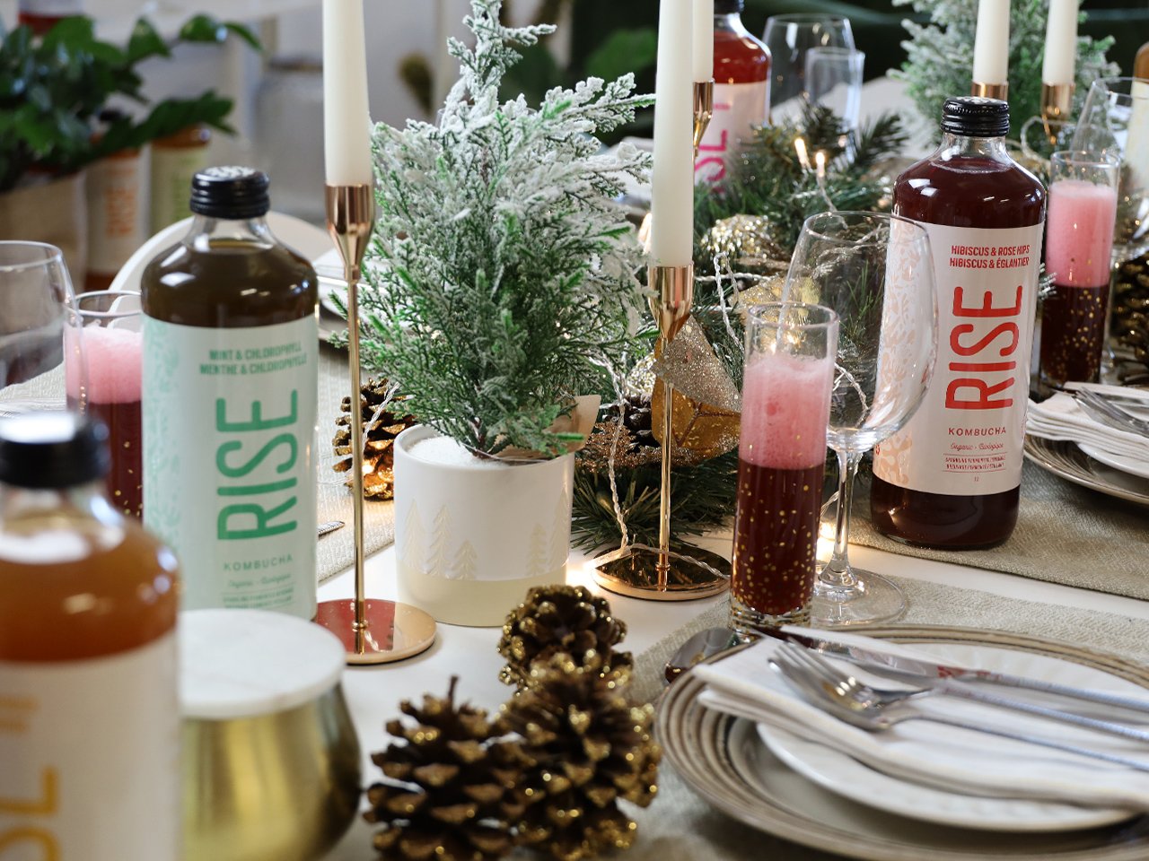 Holiday table with tall sparkling cocktails