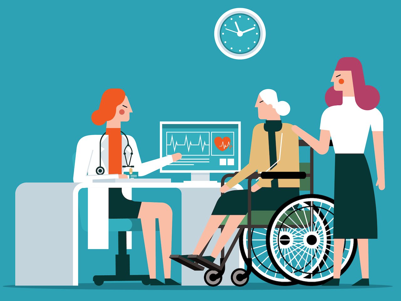 An illustration of a female doctor talking to an older woman in a wheelchair and a younger woman. 