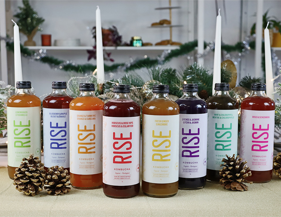 Bottles of Rise Kombucha in different flavours