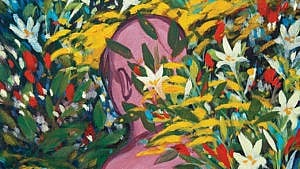A brightly coloured illustration of a child fading into a patch of flowers