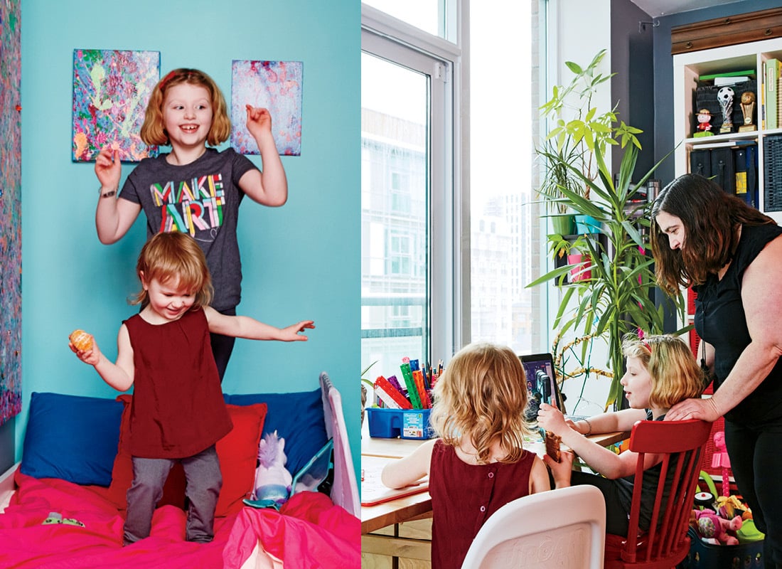 Two photos: one, with two kids jumping on a bed; the other, with two kids sitting at a table, while their mom watches them.