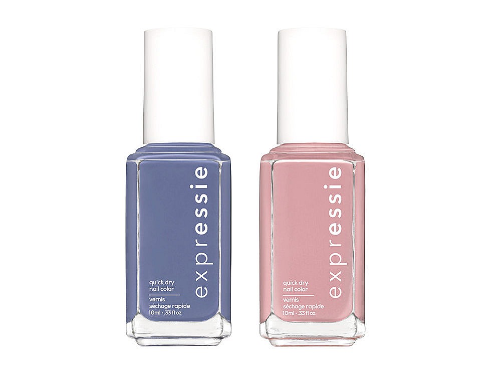 Essie Expressie Nail Polish. Two clear nail polish bottles with white writing; one with purple nail polish and the other with pink nail polish.