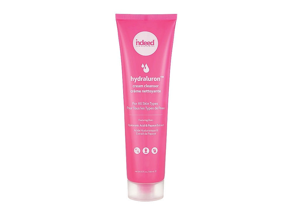 Indeed Labs Hydraluron Cream Cleanser. Pink squeezable bottle with white writing and a clear lid.