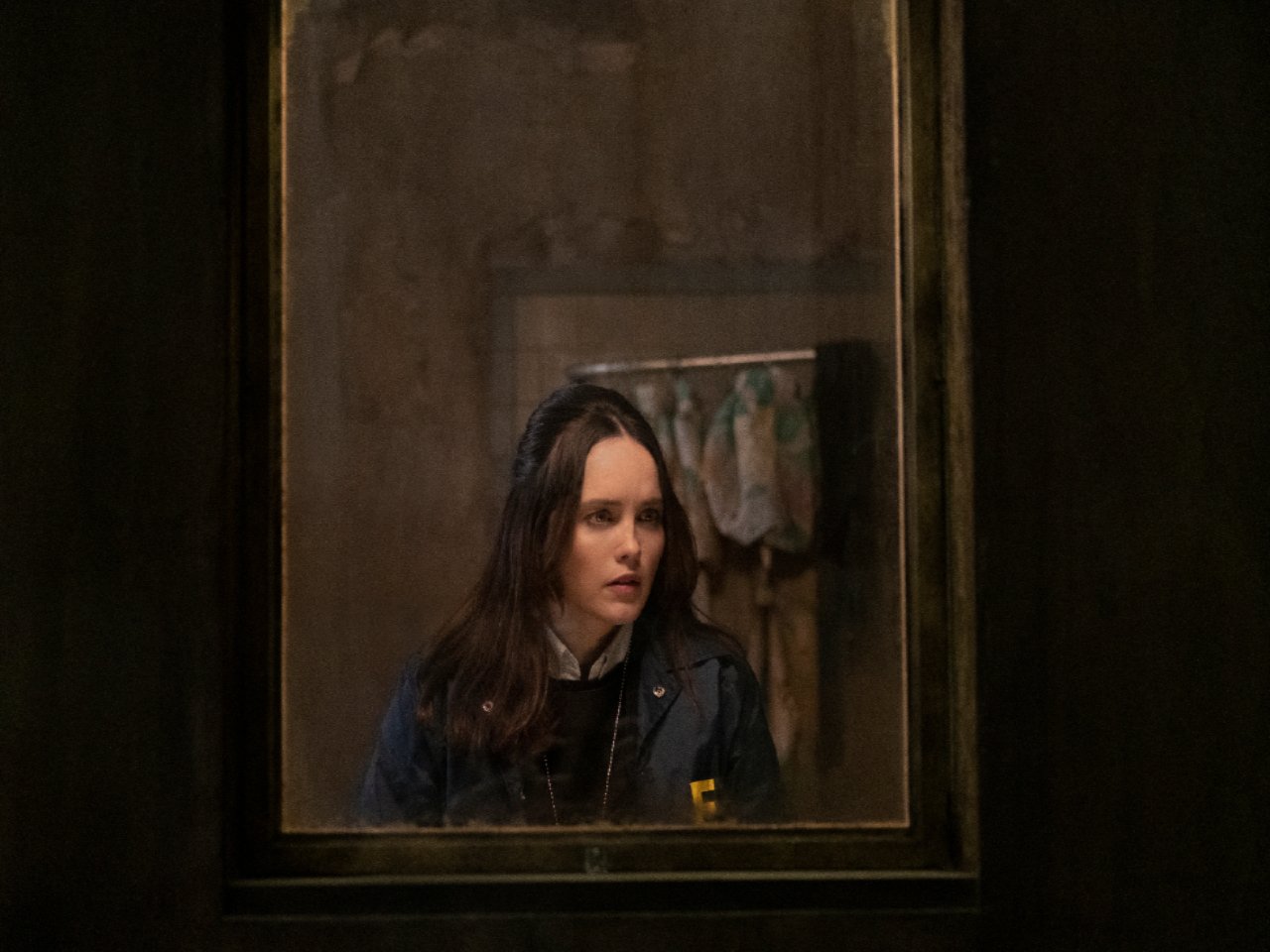In a dimly lit room, a woman with long brown hair looks into a smudged mirror.