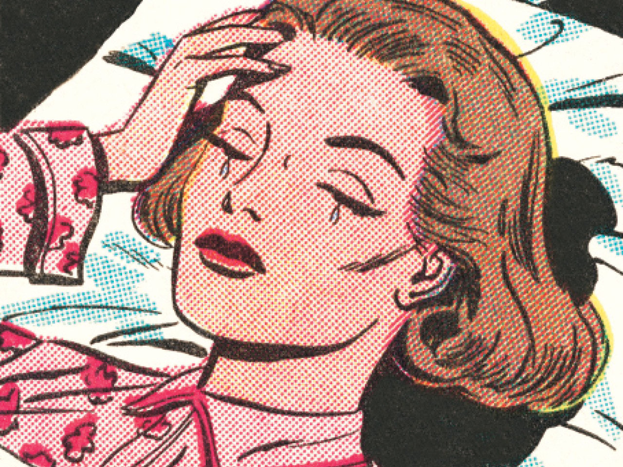 A comic-style image of a woman crying and holding her head. 