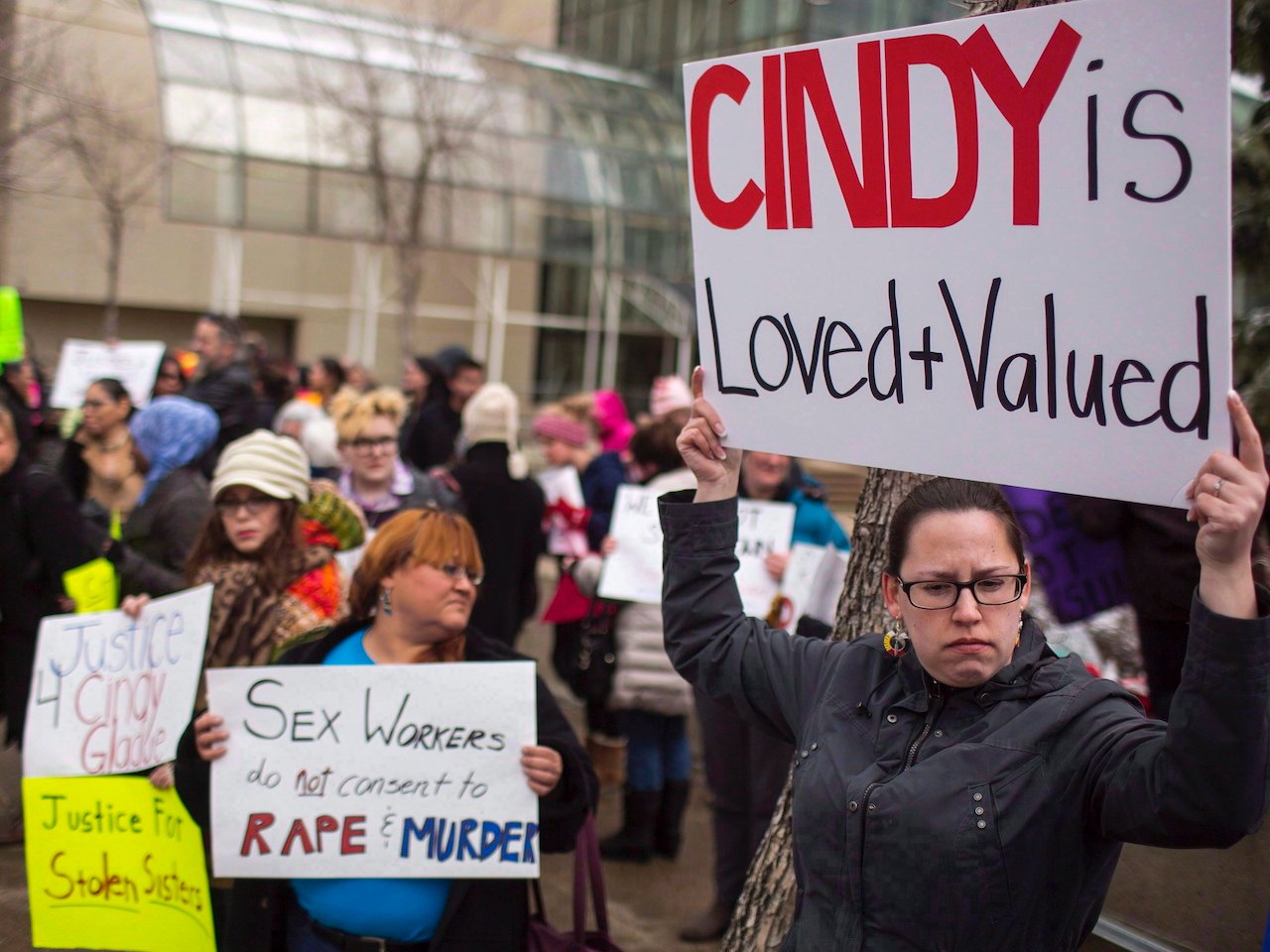 A photo of protesters outside Edmonton's city hall 2015, in support of Cindy Gladue.