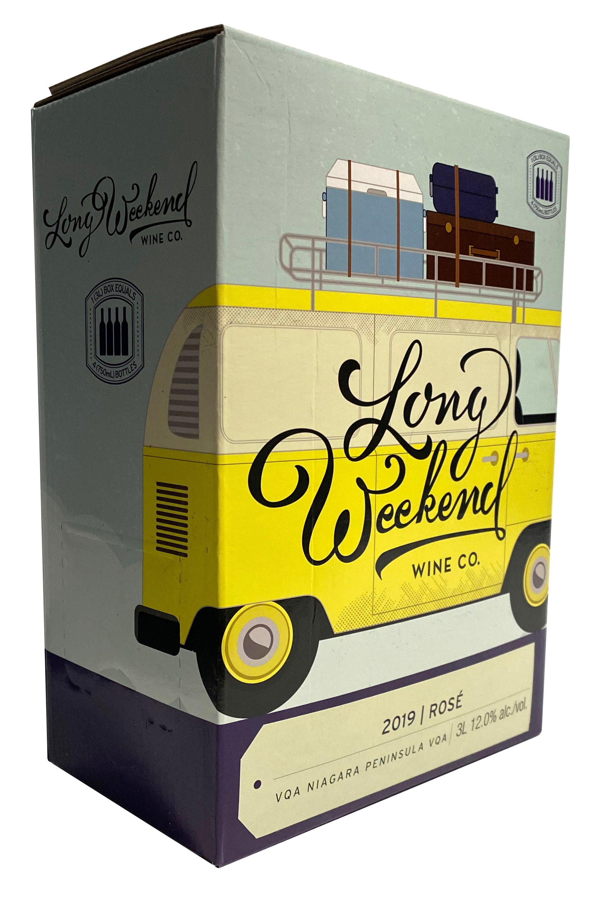 Box of wine with an illustration of a yellow van and cursive writing that says, "Long Weekend".