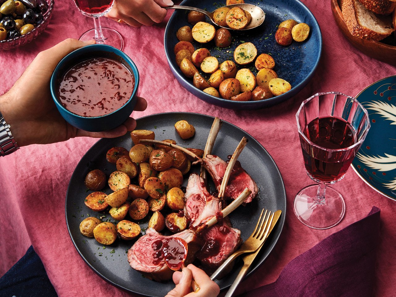Glazed Rack of Lamb with Shallot Gravy and Baby Potatoes