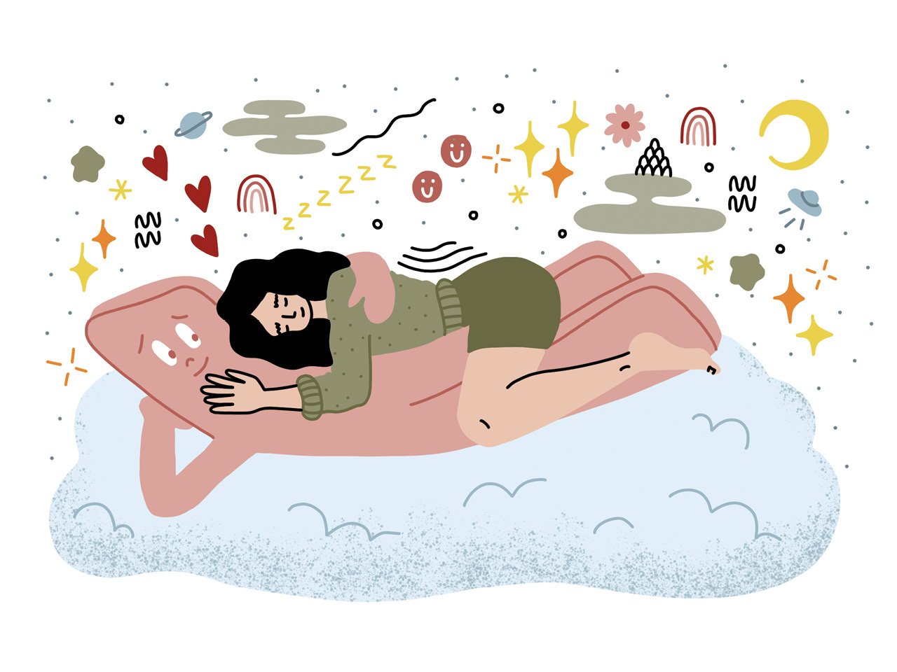 An illustration of a woman sleeping on a man-shaped body pillow