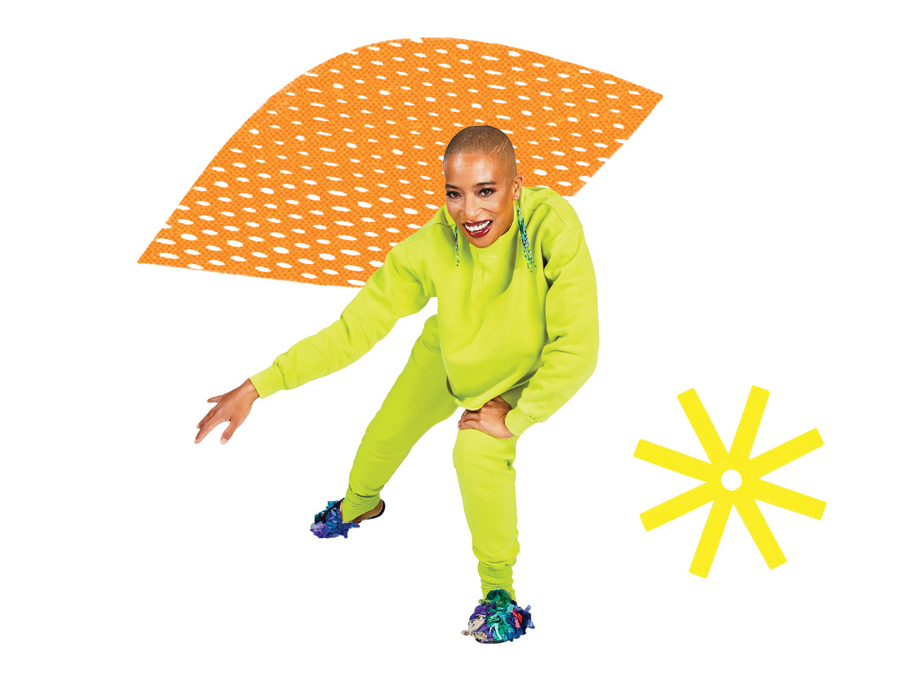 Sweatsuit: Okayok. A woman bending over and swinging her arm, wearing a lime green track suit.