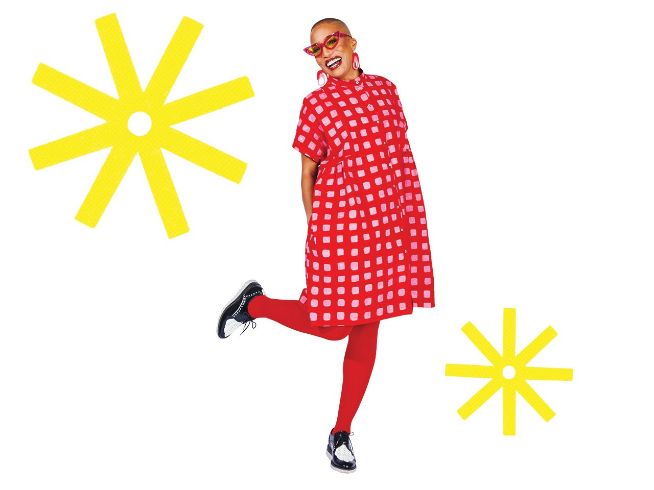 Dress: oseiduro. A woman standing and bending kicking her foot back, wearing a red dress with a small light pink square pattern.