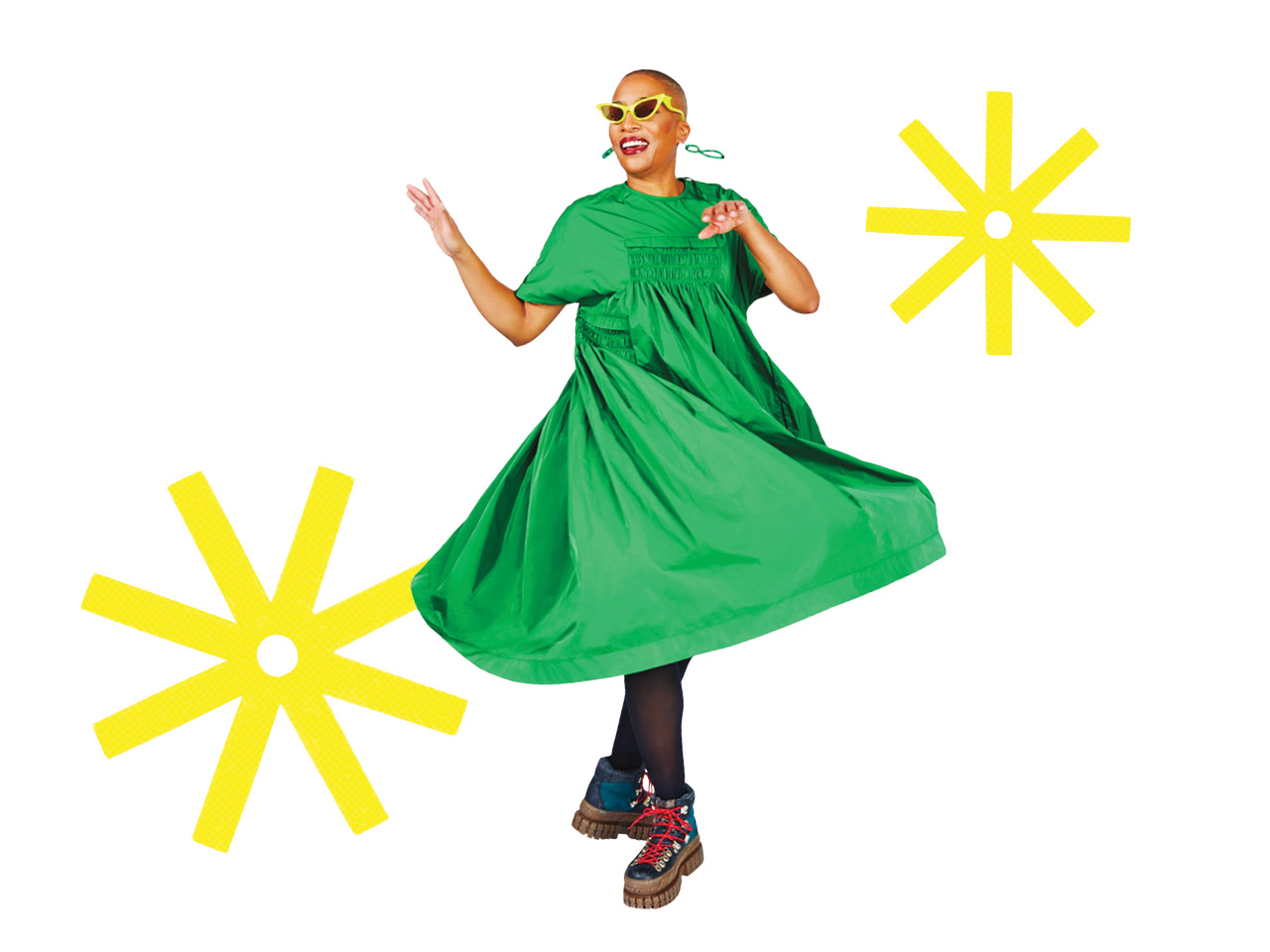 Dress: warrenstevenscott. A woman twirling in a green dress.
