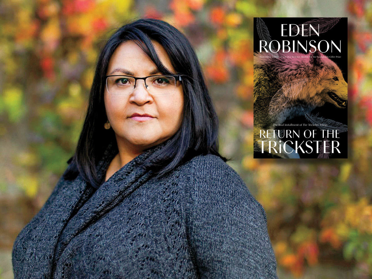 A photo of Eden Robinson superimposed with the cover of Return of of the Trickster