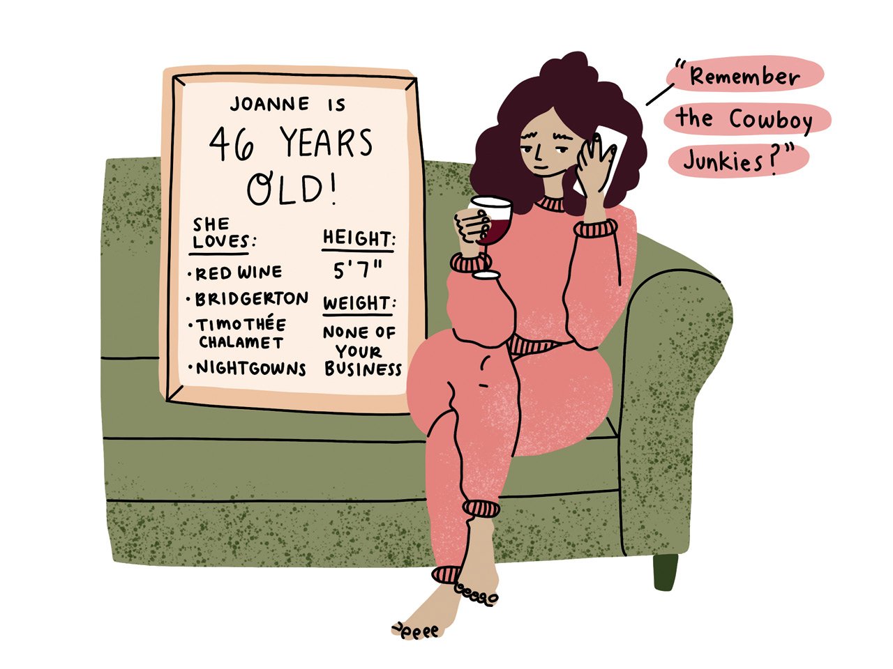 An illustration of a woman on a couch, talking on the phone