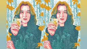 An illustration of writer Caitlin Stall-Paquet, drinking a maple water and gin cocktali