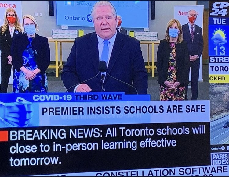 A screenshot of CP24 showing Doug Ford insisting schools are safe, and the news that Toronto schools were closing