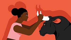An illustration of a woman holding a bull by the horns, representing the astrological sign Taurus